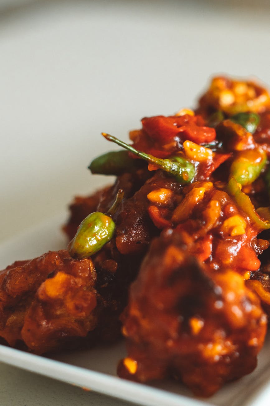 a sumptuous chili chicken in close up photography